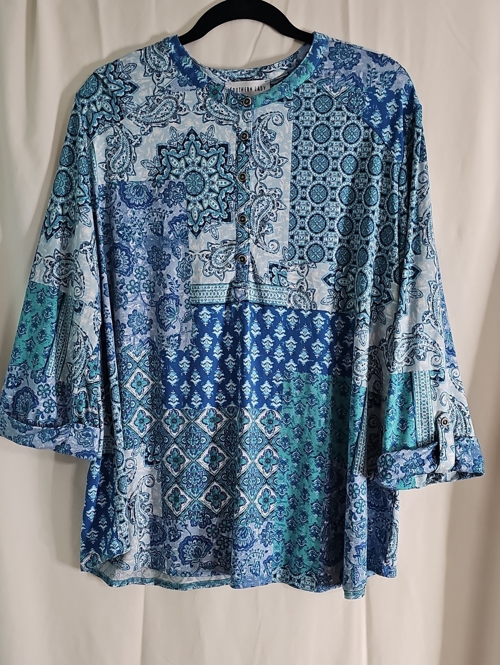 Southern Lady Blue Patchwork Print Henley Tunic